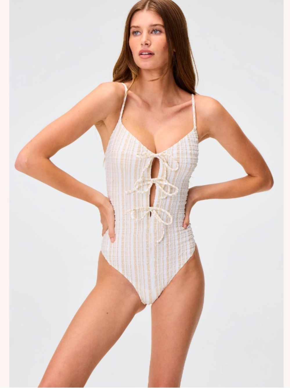 Lisa Marie Fernandez the three tie maillot in white & sand striped seersucker